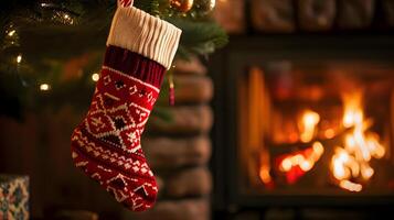 ai gerado uma meias suspensão a partir de uma Natal árvore Próximo para uma lareira foto
