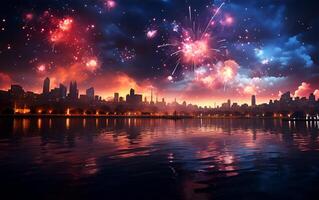 ai gerado uma lindo vista do colorida fogos de artifício dentro a noite céu às a festival do América foto