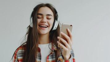 ai gerado feliz sorridente jovem mulher usando Smartphone e ouvindo podcast de fone de ouvido, estilo de vida conceito foto