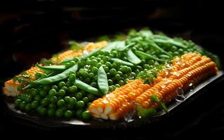 ai gerado saudável delicioso verde ervilhas tomate e milho vegetariano Comida em uma prato foto