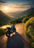 ai gerado motociclista equitação uma motocicleta em uma país estrada às pôr do sol. ai generativo foto