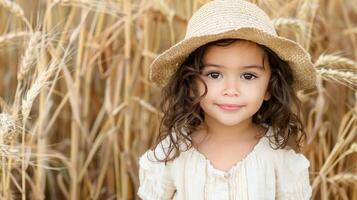 ai gerado feliz jovem menina com uma radiante sorrir dentro uma pitoresco trigo campo durante a cativante pôr do sol foto