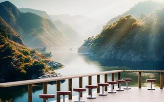 a de madeira sacada a partir de a restaurante tem uma grandes de madeira grade para uma mesa. restaurante terraço de a rio dentro a meio do a montanhas. 3d Renderização. foto