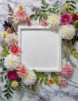 ai gerado floral Casamento convite cartão brincar, plano deitar esvaziar quadro, em branco papel com floral foto