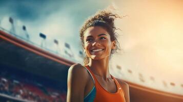 ai gerado esporte concorrência, vitória conceito. feliz sorridente bonita afro americano jovem mulher atleta às ao ar livre estádio foto