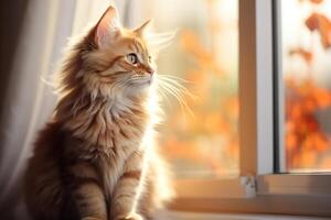 ai gerado fofa vermelho animal gatinho sentado em peitoril da janela dentro de casa em ensolarado outono dia e olhando Fora janela foto