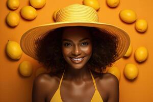 ai gerado bonita positivo sorridente afro americano mulher vestindo Palha chapéu e fruta limões em fundo. natural cosméticos, dermatologia conceito foto