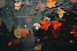 ai gerado outono temporada, topo Visão colorida caído outono folhas dentro poça foto