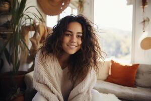 ai gerado casa conforto e cordialidade, legal positivo jovem mulher dentro tricotado acolhedor branco suéter em repouso enquanto sentado dentro de casa dentro vivo sala, carismático sorridente mulher olhando às Câmera foto