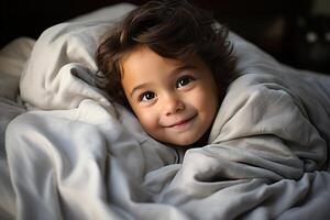 ai gerado fofa pequeno sorridente Garoto embrulhado dentro pilha do acolhedor cobertores deitado em cama, bebê Tempo para dormir foto