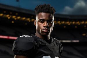 ai gerado retrato do sério afro americano jovem confiante masculino atleta rúgbi jogador às estádio ao ar livre olhando às Câmera foto