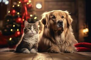 ai gerado cachorro e gato juntos amigos animais de estimação em fundo do decorado Natal árvore dentro de casa, animais e natal feriado foto