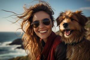 ai gerado retrato do positivo jovem mulher com amigo cachorro às mar, sorridente mulher com fofo animal ao ar livre foto