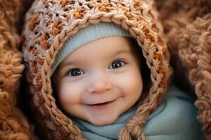 ai gerado fofa positivo sorridente caucasiano recém-nascido bebê vestindo uma tricotado chapéu e embrulhado dentro uma cobertor olhando às Câmera, criança retrato foto