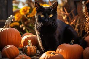 ai gerado Preto gato e laranja abóboras ao ar livre em outono dia. dia das Bruxas conceito foto