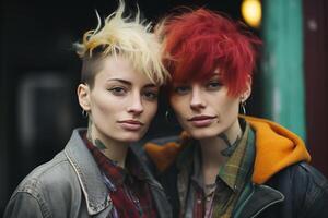 ai gerado dois amoroso fêmea hipster amigos com colori cabelo juntos em a rua olhando às Câmera foto