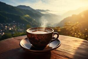 ai gerado fechar-se do uma copo do quente café em uma pires em uma de madeira mesa contra fundo do verde colinas do natureza em uma ensolarado manhã foto