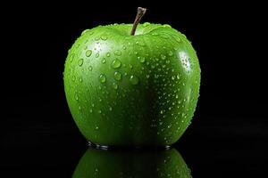ai gerado molhado verde maçã em Preto fundo com água gotas, frente Visão foto
