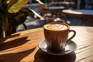 ai gerado copo do cappuccino decorado com padronizar em mesa dentro rua cafeteria em ensolarado dia foto