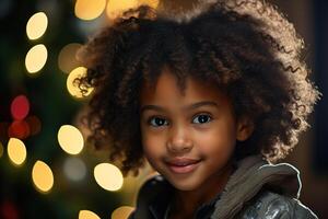 ai gerado fofa africano americano criança dentro frente do decorado festão Natal árvore dentro de casa olhando às Câmera, natal retrato foto