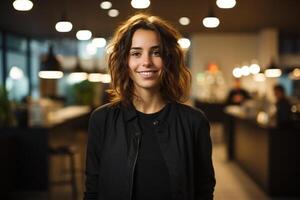 ai gerado retrato do sorridente bonita jovem mulher casual estilo dentro cafeteria dentro de casa foto