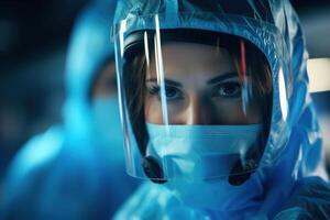 ai gerado biologia Ciência conceito, fechar-se mulher médico cientista virologista dentro químico proteção uniforme e máscaras dentro laboratório foto