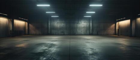 ai gerado esvaziar subterrâneo garagem estacionamento, industrial Sombrio quarto fez do cinzento concreto foto