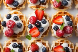 ai gerado Comida padrão, vienense waffles com bagas e gelo creme em uma luz fundo, topo Visão foto