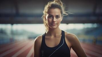 ai gerado Esportes, bonita fino em forma mulher atleta em pé às estádio ao ar livre foto