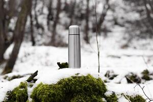 aço vácuo garrafa térmica lado de fora dentro a inverno floresta. viajando alumínio frasco em pé em musgo coberto com neve. foto