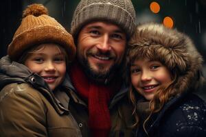 ai gerado retrato do feliz família juntos em inverno dia, sorridente pai abraçando filha e filho e olhando às Câmera ao ar livre foto