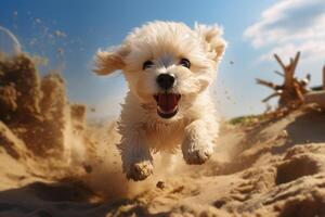 ai gerado alegre engraçado brincalhão cachorro corrida em areia, branco animal em de praia em ensolarado dia Largo ângulo Visão foto