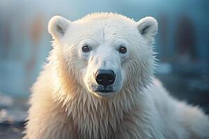 ai gerado fechar-se do polar urso, ampla peludo predador olhando às Câmera dentro norte ao ar livre. selvagem animal foto