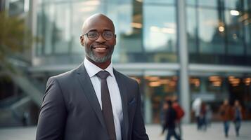 ai gerado masculino o negócio retrato estilo de vida. sorridente adulto bem sucedido africano americano homem de negocios dentro terno, Gerente ou escritório trabalhador em pé ao ar livre contra arranha-céu fundo foto