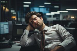 ai gerado solitário cansado dormindo escritório trabalhador às a ambiente de trabalho. ao longo do tempo, data limite foto