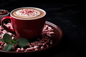 ai gerado hortelã-pimenta moca, fechar-se do hortelã sazonal beber do chocolate e café dentro uma vermelho caneca foto