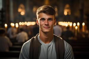 ai gerado retrato do uma alegre atraente cristão cara dentro igreja, frente Visão foto