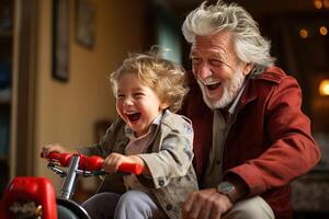 ai gerado alegre infância com avô. rindo engraçado Vovô e Neto equitação bicicleta juntos dentro quarto foto