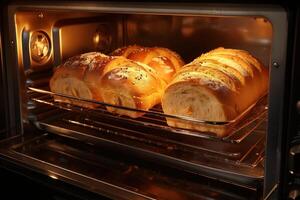 ai gerado fresco pão cozido dentro forno, caseiro cozimento pastelaria foto