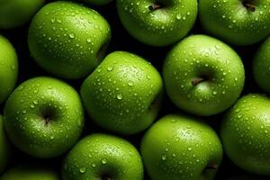 ai gerado fechar-se molhado verde maçãs, topo Visão maduro suculento frutas com água gotas foto