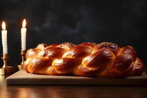 ai gerado fechar-se do Challah simbólico Comida hanukkah pão decorado com grãos e velas em mesa foto