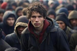 ai gerado desesperado jovem cara migrante dentro uma multidão do sem teto desempregado refugiados ao ar livre foto