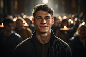 ai gerado retrato do uma feliz sorridente atraente cristão cara dentro uma Igreja dentro uma multidão do crentes, frente visualizar. fé e religião foto