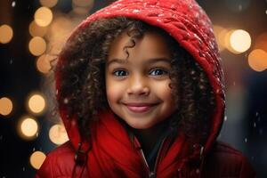 ai gerado africano americano pequeno sorridente encaracolado menina o festivo fundo bokeh festão ao ar livre, feliz Novo ano e Natal foto