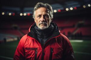 ai gerado retrato do uma Senior masculino futebol Esportes Gerente dentro uma Jaqueta em pé às a estádio e olhando às Câmera foto