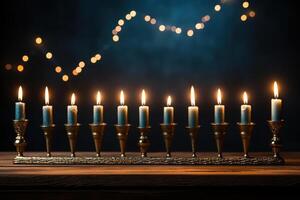 ai gerado menorá, queimando linha do velas para hanukkah feriado dentro de casa foto