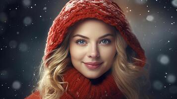 ai gerado retrato do sorridente jovem bonita mulher dentro vermelho tricotado agasalhos dentro Nevado inverno ao ar livre foto