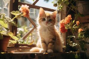 ai gerado fofa vermelho animal gatinho sentado em uma peitoril da janela dentro de casa em uma ensolarado dia e olhando às Câmera foto