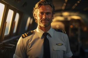 ai gerado positivo meia idade homem avião piloto dentro uniforme dentro aeronave foto
