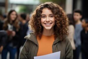 ai gerado estudando dentro faculdade, acadêmico ano, Educação conceito. sorridente alegre fêmea aluna com notas ao ar livre olhando às Câmera foto